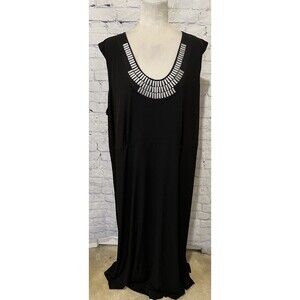 Roamans Maxi Dress Sleeveless Scoop Neck Embellished Stretch Black Size 2X
